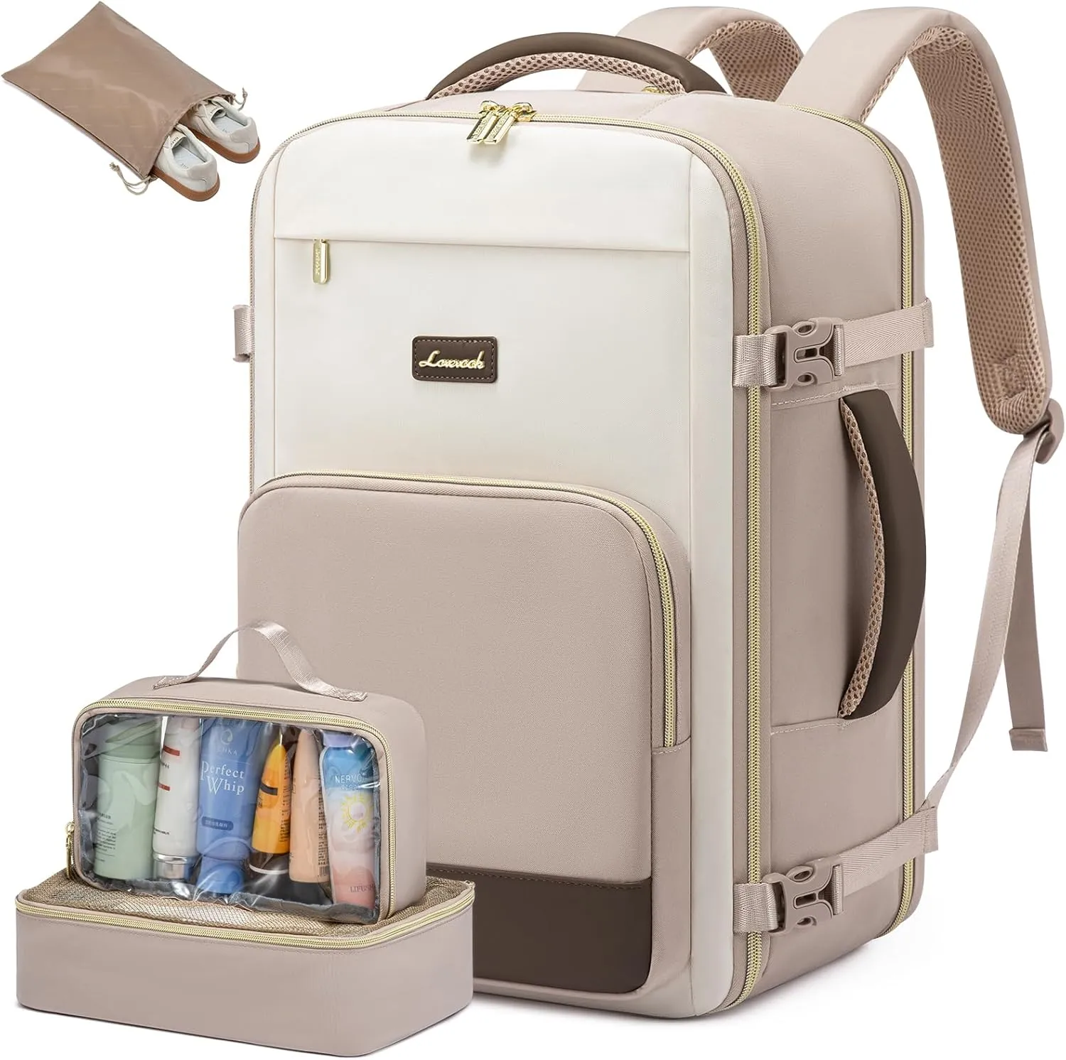 LOVEVOOK Travel Backpack for Women,40L Carry On Backpack Flight Approved,TSA Personal Item Travel Bag Fits 17.3" Laptop with 3 Packing Cubes,Large Waterproof DaypackBeige and nude and coffee