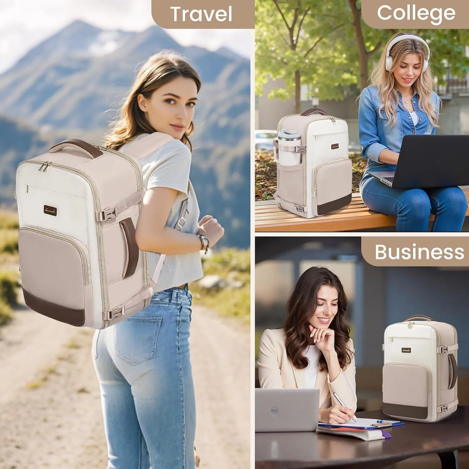 LOVEVOOK Travel Backpack for Women,40L Carry On Backpack Flight Approved,TSA Personal Item Travel Bag Fits 17.3" Laptop with 3 Packing Cubes,Large Waterproof DaypackBeige and nude and coffee
