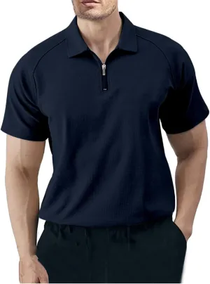 Men's Quarter Zip Polo Shirt Raglan Short Sleeve Jersey Shirt Solid Slim Fit Soft Touch Casual Tshirt Shirt, Large