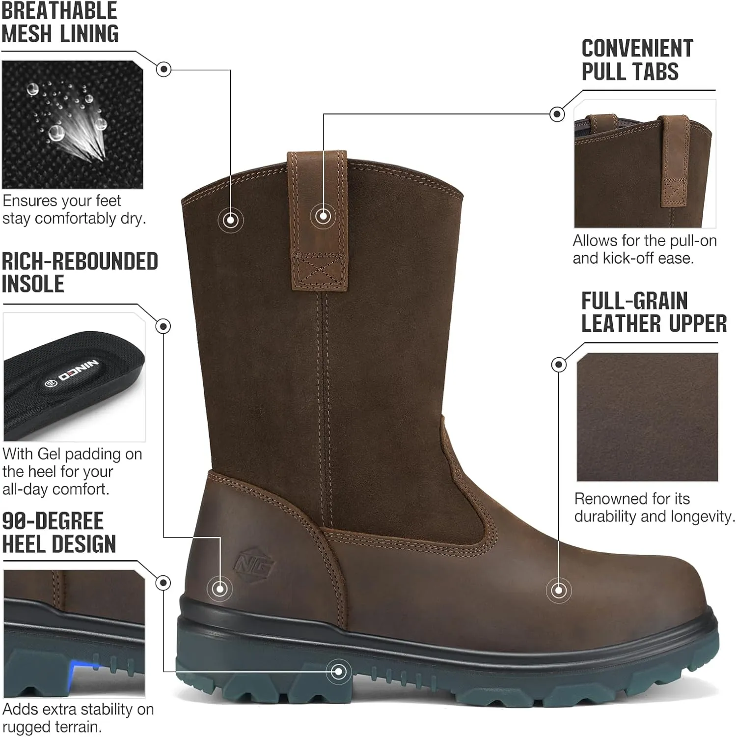 NINGO Steel Toe Work Boots for Men Women, Waterproof Wellington Work Boots, Pull On Safety Boot with Oil & Slip Resistant Puncture Proof Comfortable Full Grain Leather Boot for Construction Industrial Farming