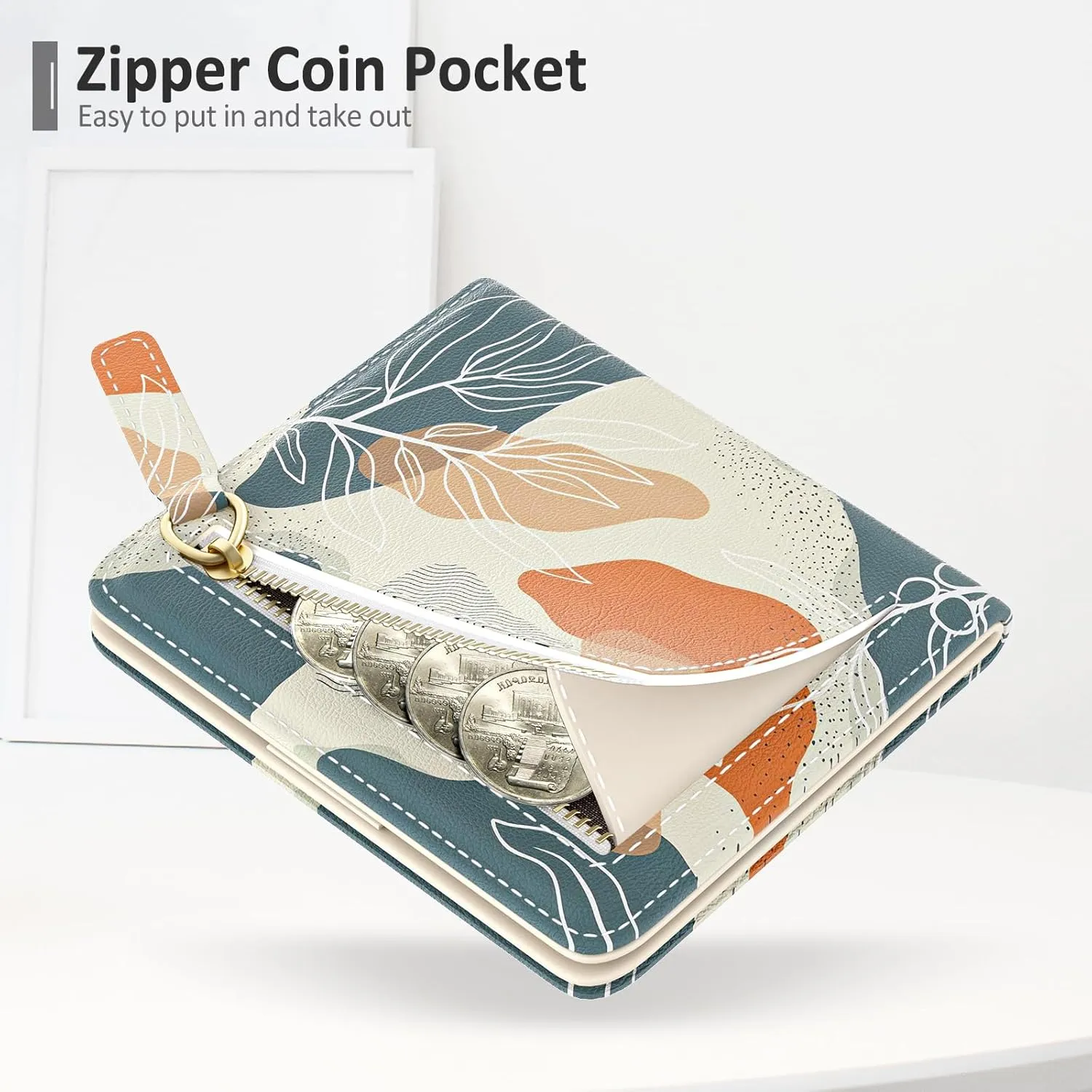 Nipichsha Womens Wallet, Small Slim RFID Credit Card Holder Wallet for Women, Leather Compact Bifold Purse with Zipper Coin Pocket, Cute Ladies Purse with ID Window, Abstract Boho Leaf
