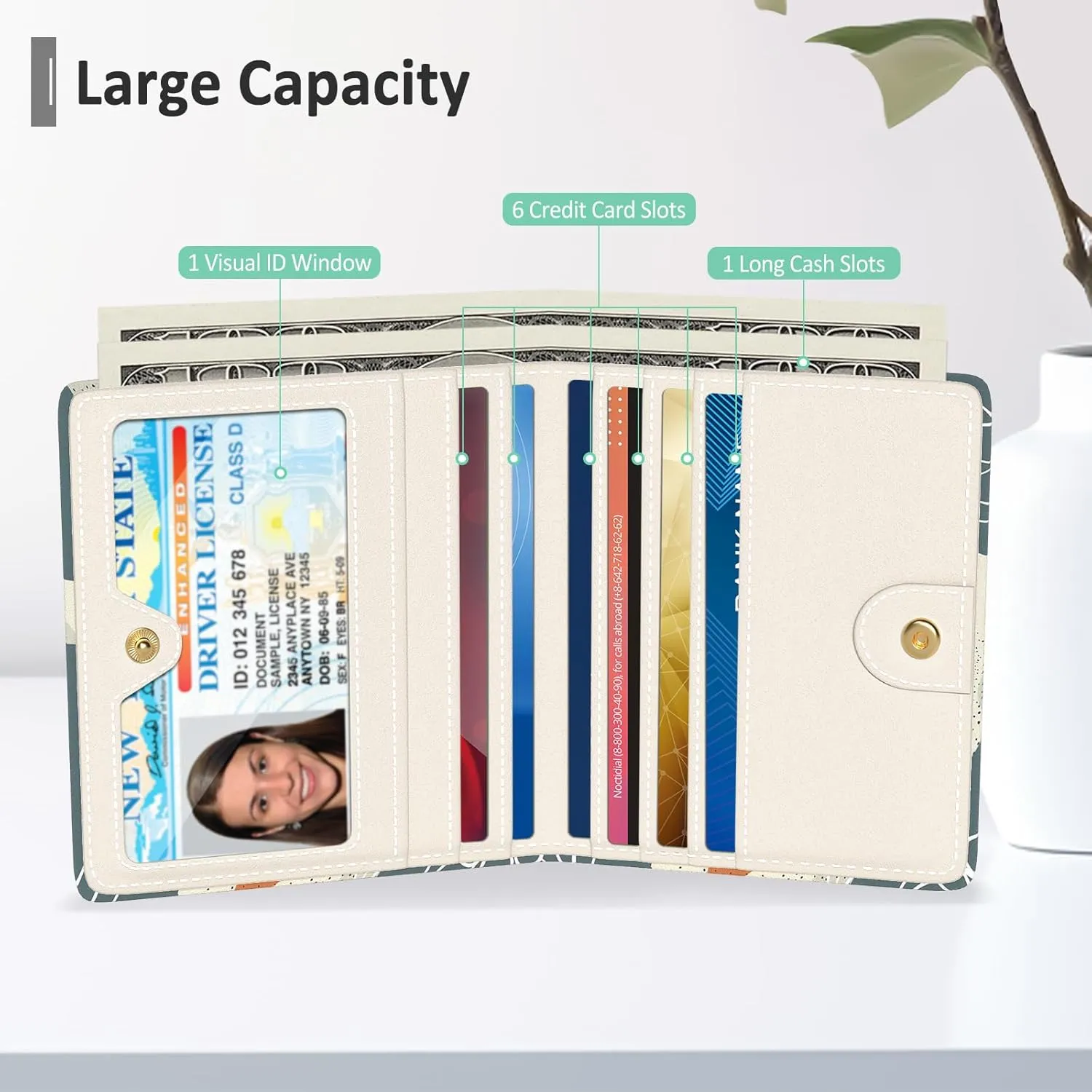 Nipichsha Womens Wallet, Small Slim RFID Credit Card Holder Wallet for Women, Leather Compact Bifold Purse with Zipper Coin Pocket, Cute Ladies Purse with ID Window, Abstract Boho Leaf