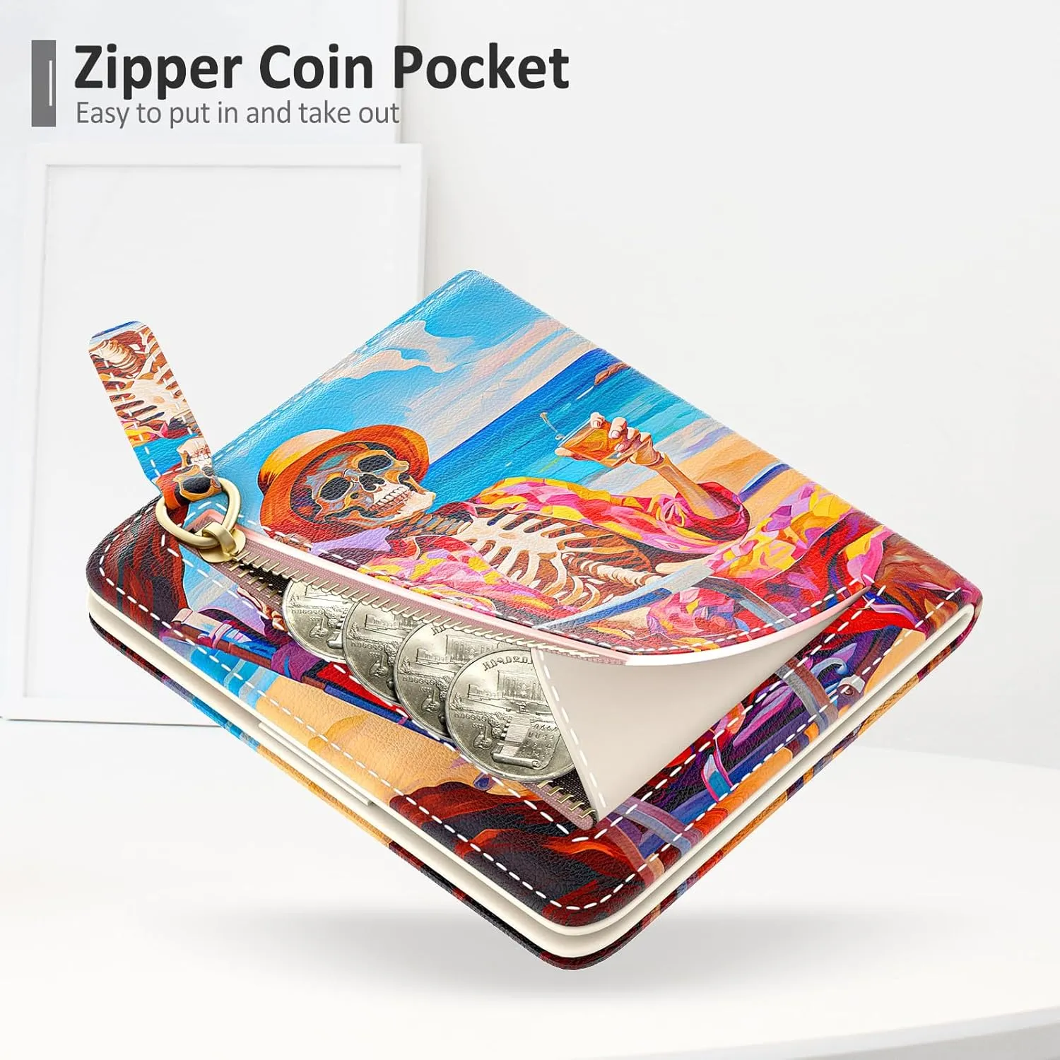 Nipichsha Womens Wallet, Small Slim RFID Credit Card Holder Wallet for Women, Leather Compact Bifold Purse with Zipper Coin Pocket, Cute Ladies Purse with ID Window, Beach Skull
