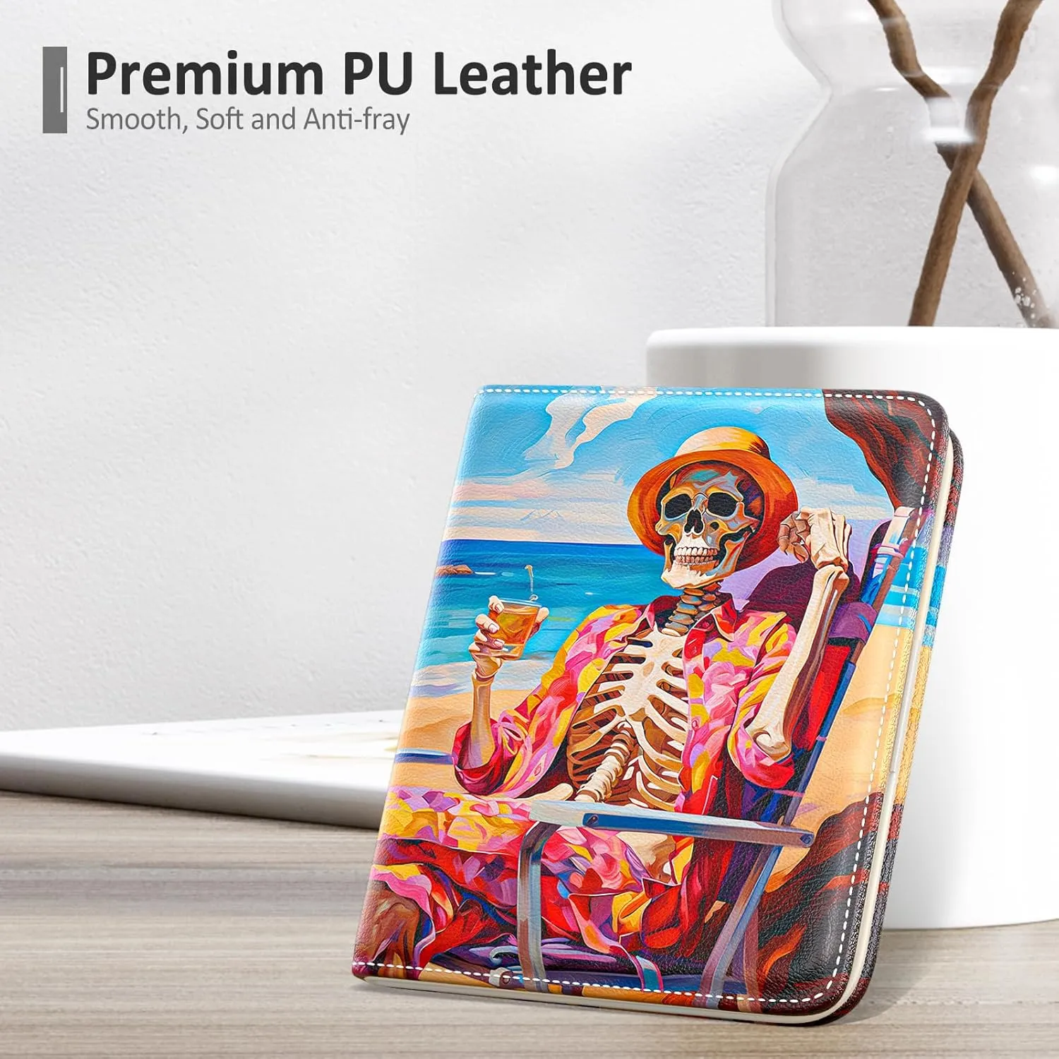 Nipichsha Womens Wallet, Small Slim RFID Credit Card Holder Wallet for Women, Leather Compact Bifold Purse with Zipper Coin Pocket, Cute Ladies Purse with ID Window, Beach Skull
