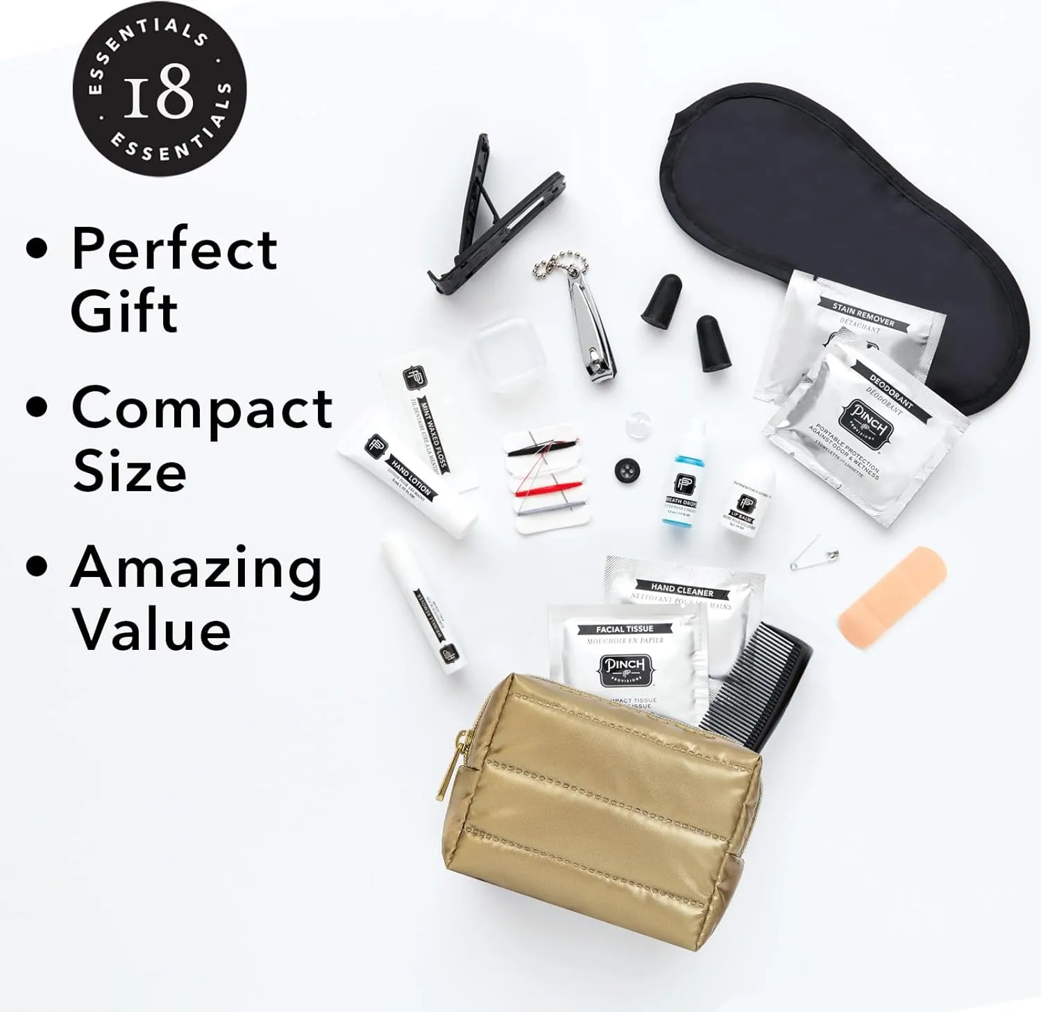 Pinch Provisions Puffer Travel Kit, Includes 18 Must-Have Travel Essentials, Ideal Road Trip or Airport Gift for Friends, Family & Peers, Portable Compact Zipper Pouch