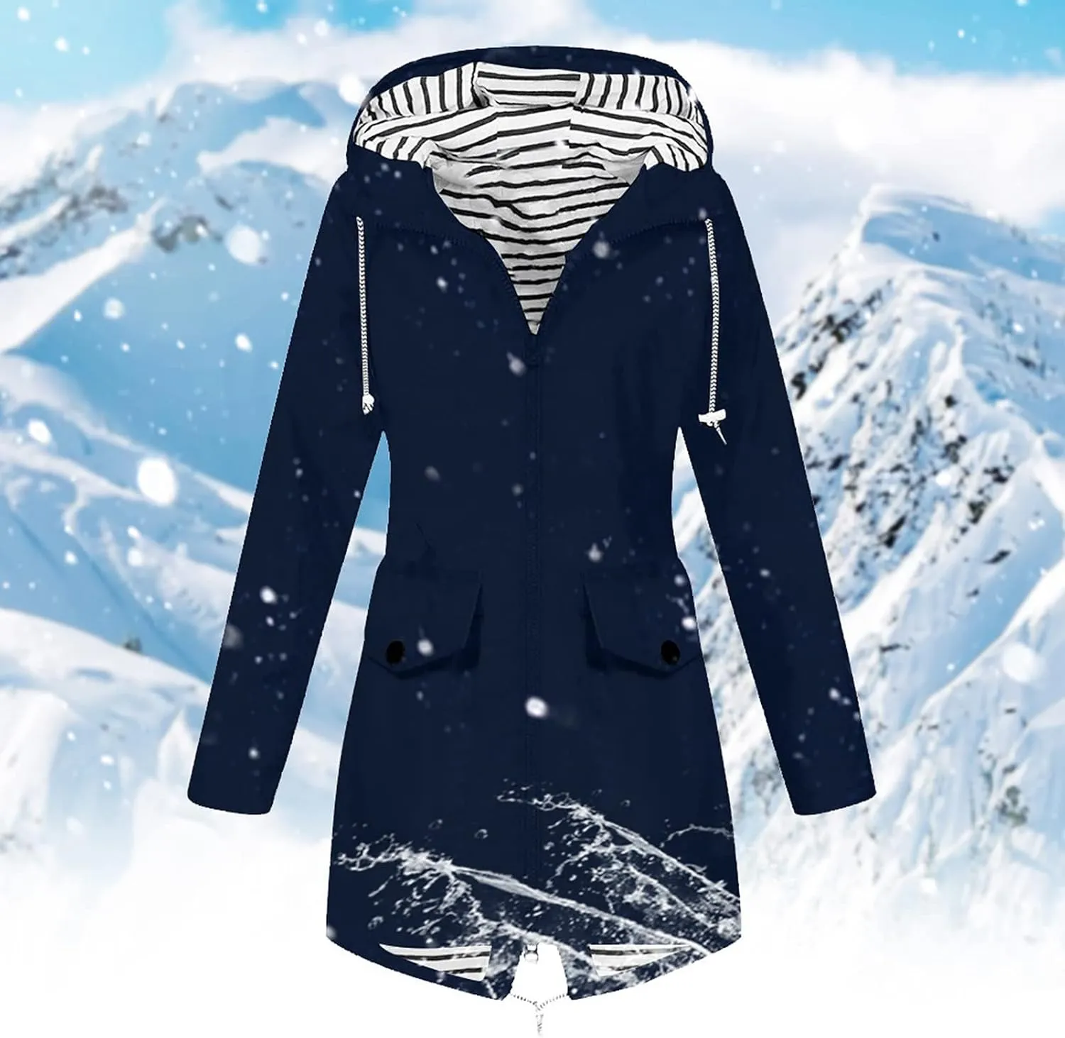 Rain Jacket Women Striped Lined Rain Jacket Lightweight Zip Up Rain Jacket Mid Length Windbreaker Plus Size Raincoat