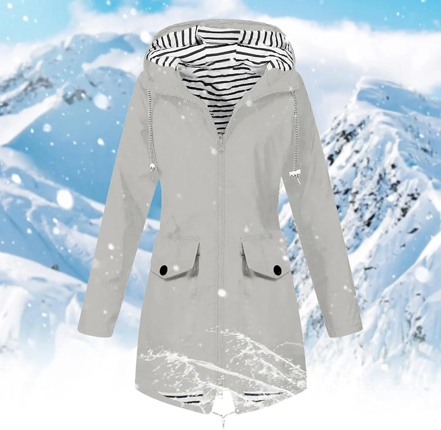 Rain Jacket Women Striped Lined Rain Jacket Lightweight Zip Up Rain Jacket Mid Length Windbreaker Plus Size Raincoat