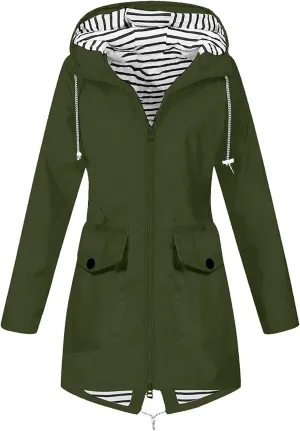Rain Jacket Women Striped Lined Rain Jacket Lightweight Zip Up Rain Jacket Mid Length Windbreaker Plus Size Raincoat