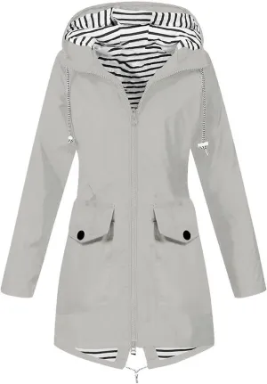 Rain Jacket Women Striped Lined Rain Jacket Lightweight Zip Up Rain Jacket Mid Length Windbreaker Plus Size Raincoat