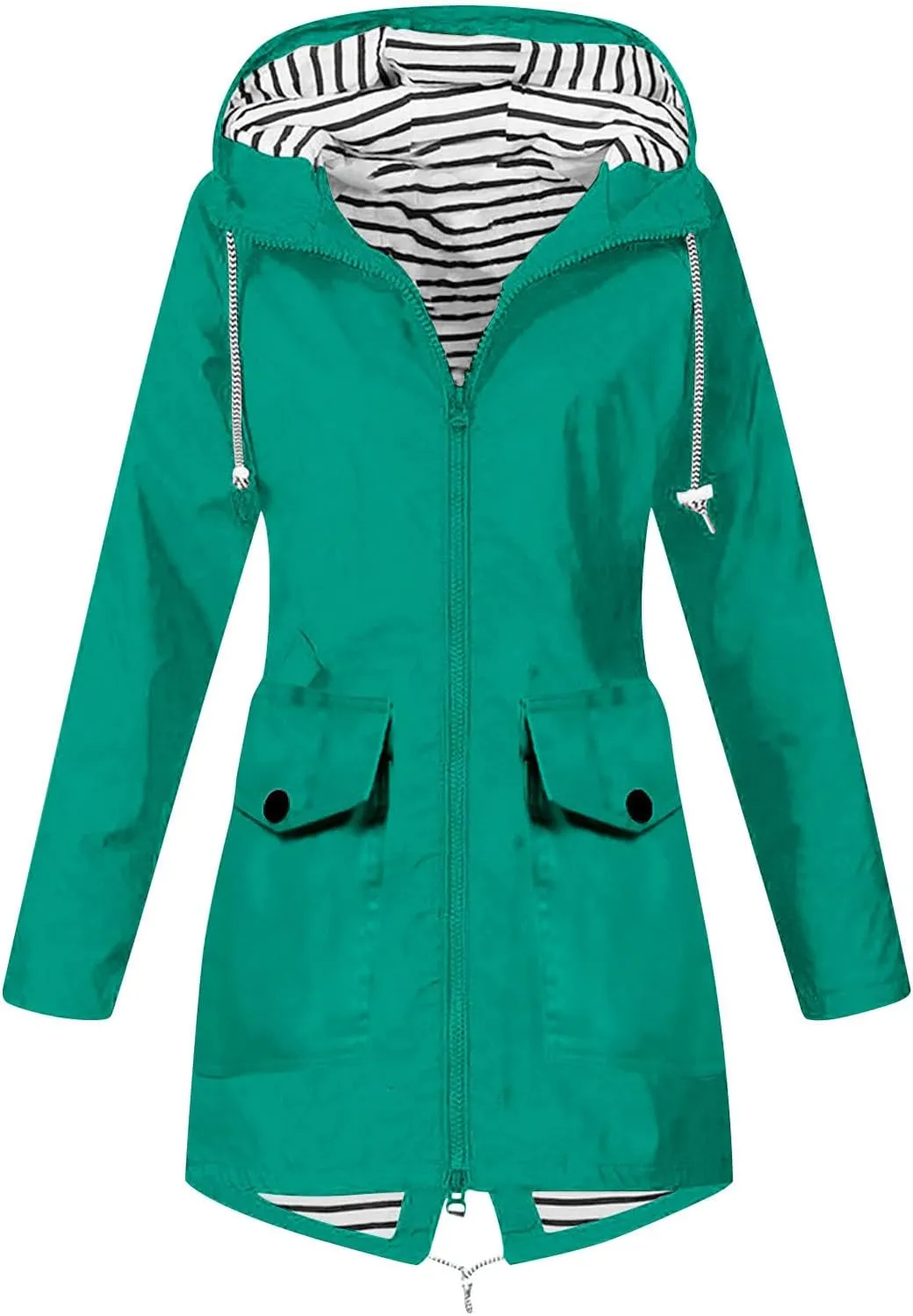 Rain Jacket Women Striped Lined Rain Jacket Lightweight Zip Up Rain Jacket Mid Length Windbreaker Plus Size Raincoat