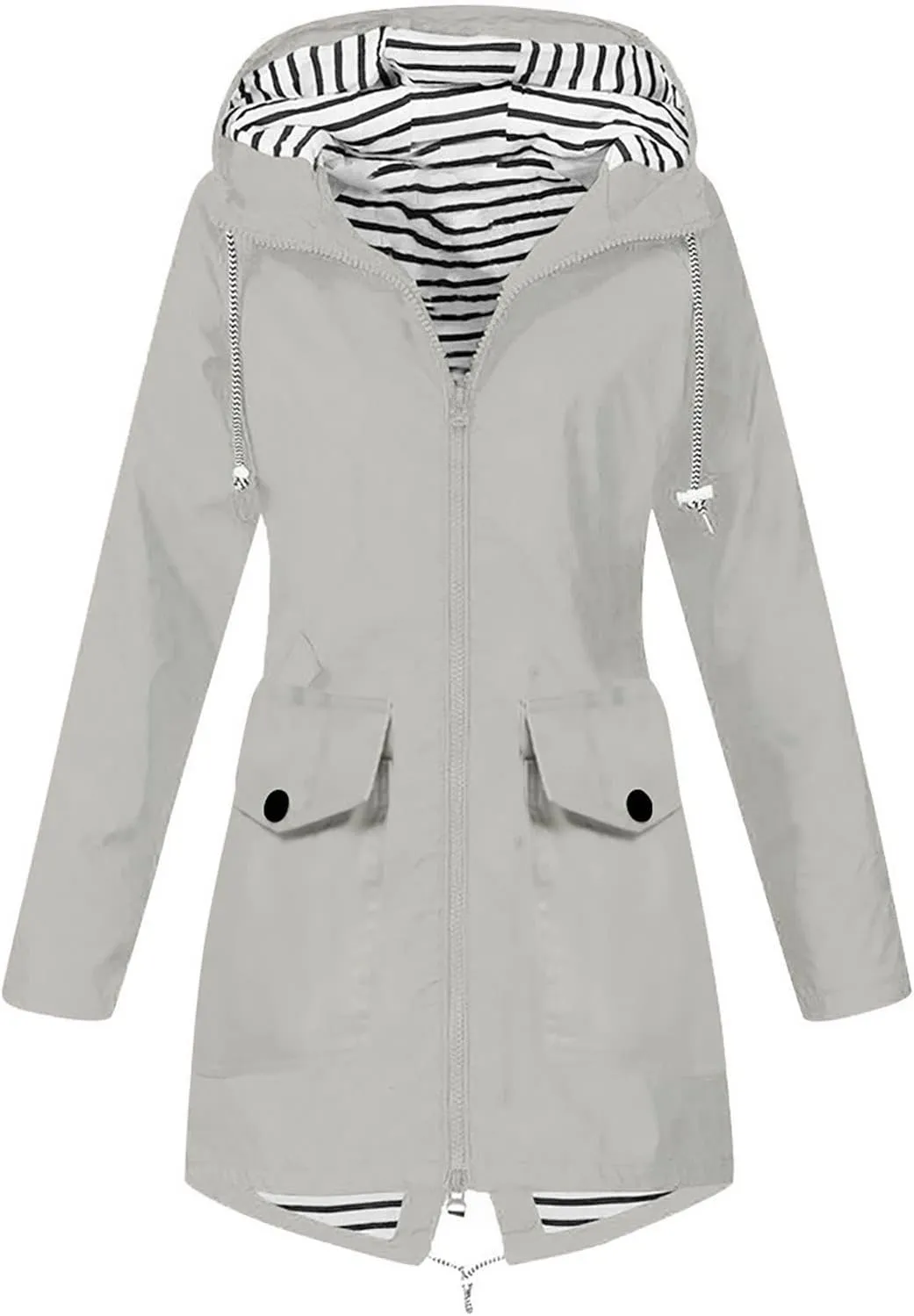 Rain Jacket Women Striped Lined Rain Jacket Lightweight Zip Up Rain Jacket Mid Length Windbreaker Plus Size Raincoat