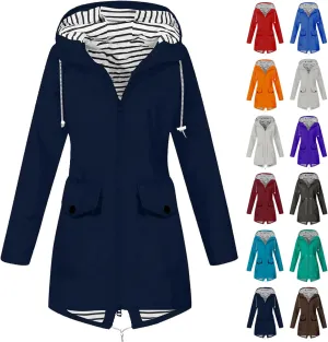 Rain Jacket Women Striped Lined Rain Jacket Lightweight Zip Up Rain Jacket Mid Length Windbreaker Plus Size Raincoat