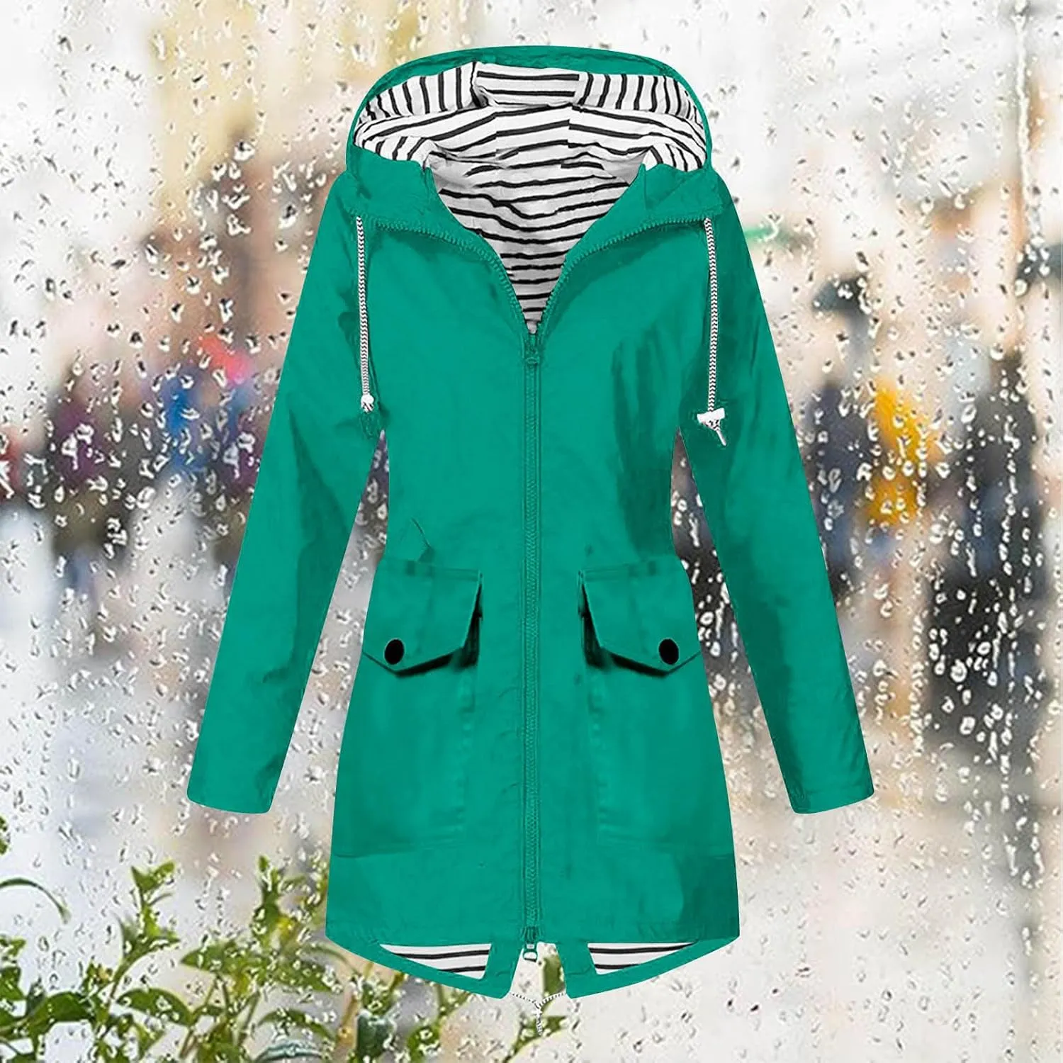 Rain Jacket Women Striped Lined Rain Jacket Lightweight Zip Up Rain Jacket Mid Length Windbreaker Plus Size Raincoat