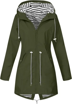 Rain Jackets for Women Windbreaker Waterproof Outdoor Srtiped Lined Coats with Hood Lightweight Raincoat with Pockets