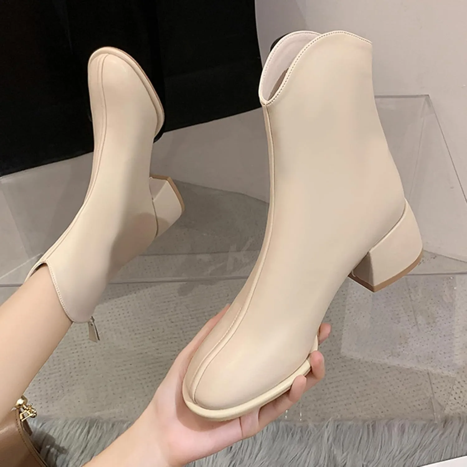 Sinzelimin Women Ankle Boots Chunky Heel Square Toe Comfort Fashion PU Business Party Dress Shoes Boot Mid Calf Short Booties