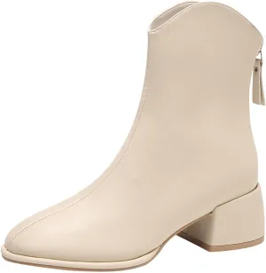 Sinzelimin Women Ankle Boots Chunky Heel Square Toe Comfort Fashion PU Business Party Dress Shoes Boot Mid Calf Short Booties