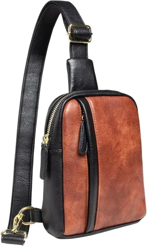 Small Sling Bag Leather Crossbody Bag Fanny Packs Chest Phone Purse Fashion Causal Daypack for Women Men (1-Brown Black)