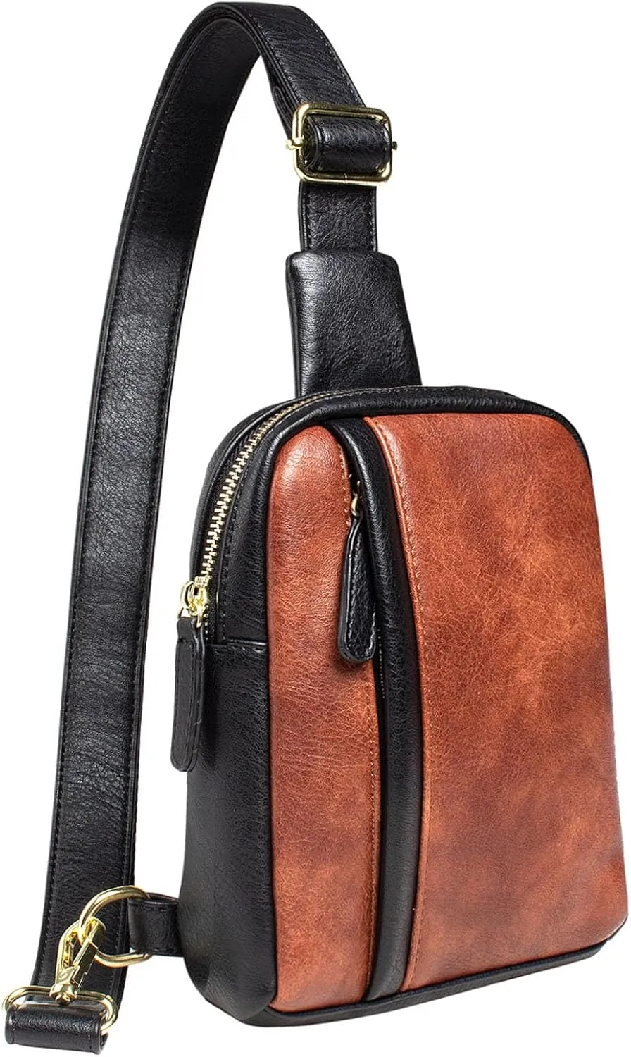 Small Sling Bag Leather Crossbody Bag Fanny Packs Chest Phone Purse Fashion Causal Daypack for Women Men (1-Brown Black)