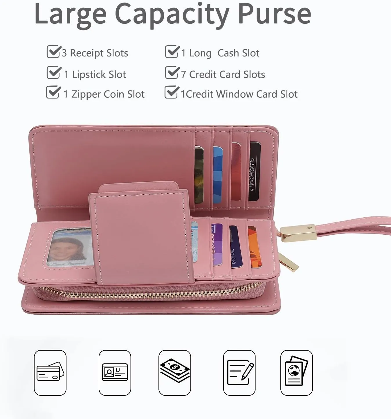 Small Wallet for Women Rfid Blocking Leather Bifold Compact Wallet Credit Card Holder Ladies Wristlet Wallet Mini Purse with Big Zipper Pocket