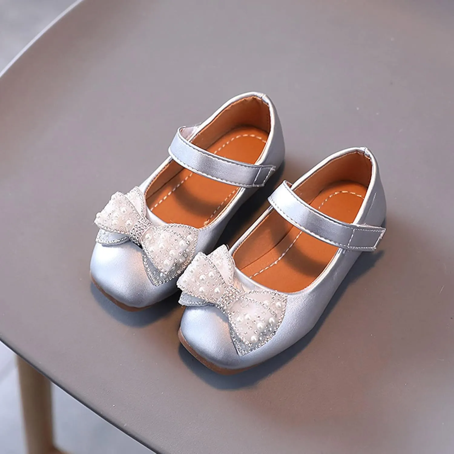 Toddler Dress Shoes,Summer Fall Girls Casual Shoes Bow Pearls Flat Bottom Dress Shoes Hook Loop Kawaii Shoes 1-6 Years
