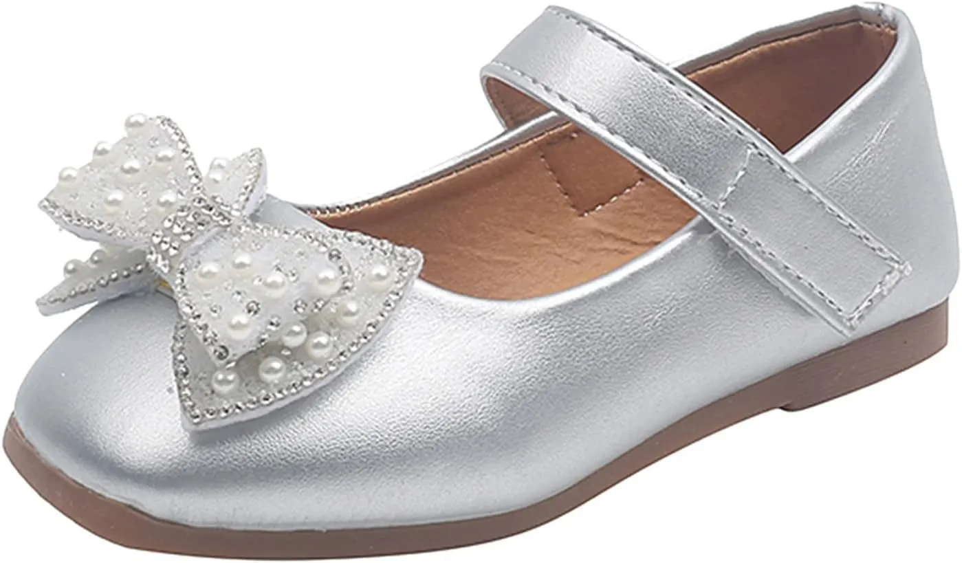 Toddler Dress Shoes,Summer Fall Girls Casual Shoes Bow Pearls Flat Bottom Dress Shoes Hook Loop Kawaii Shoes 1-6 Years