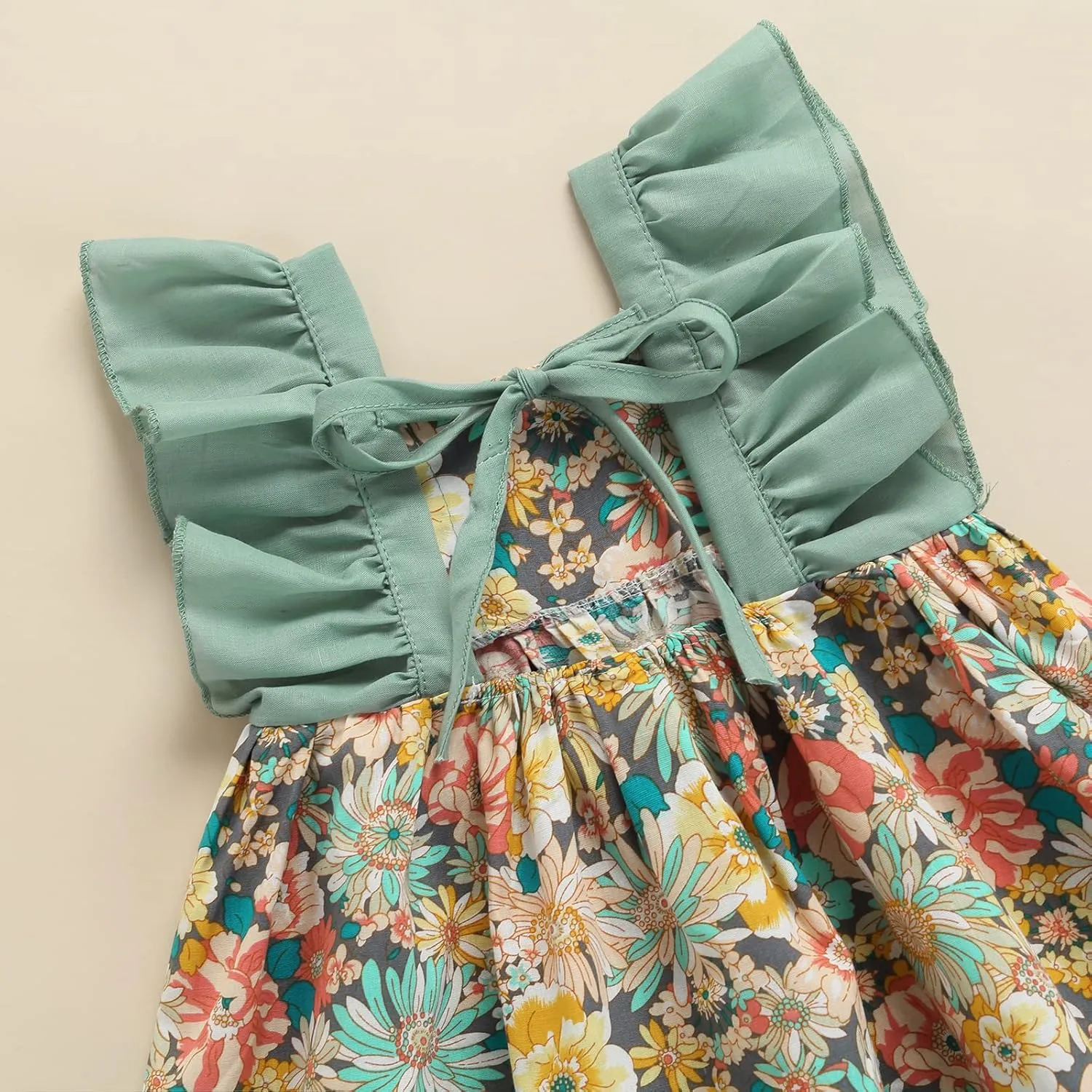Toddler Girl Summer Dress Ruffle Sleeveless Patchwork Floral A-line Mini Dress with Sun Cap Set
