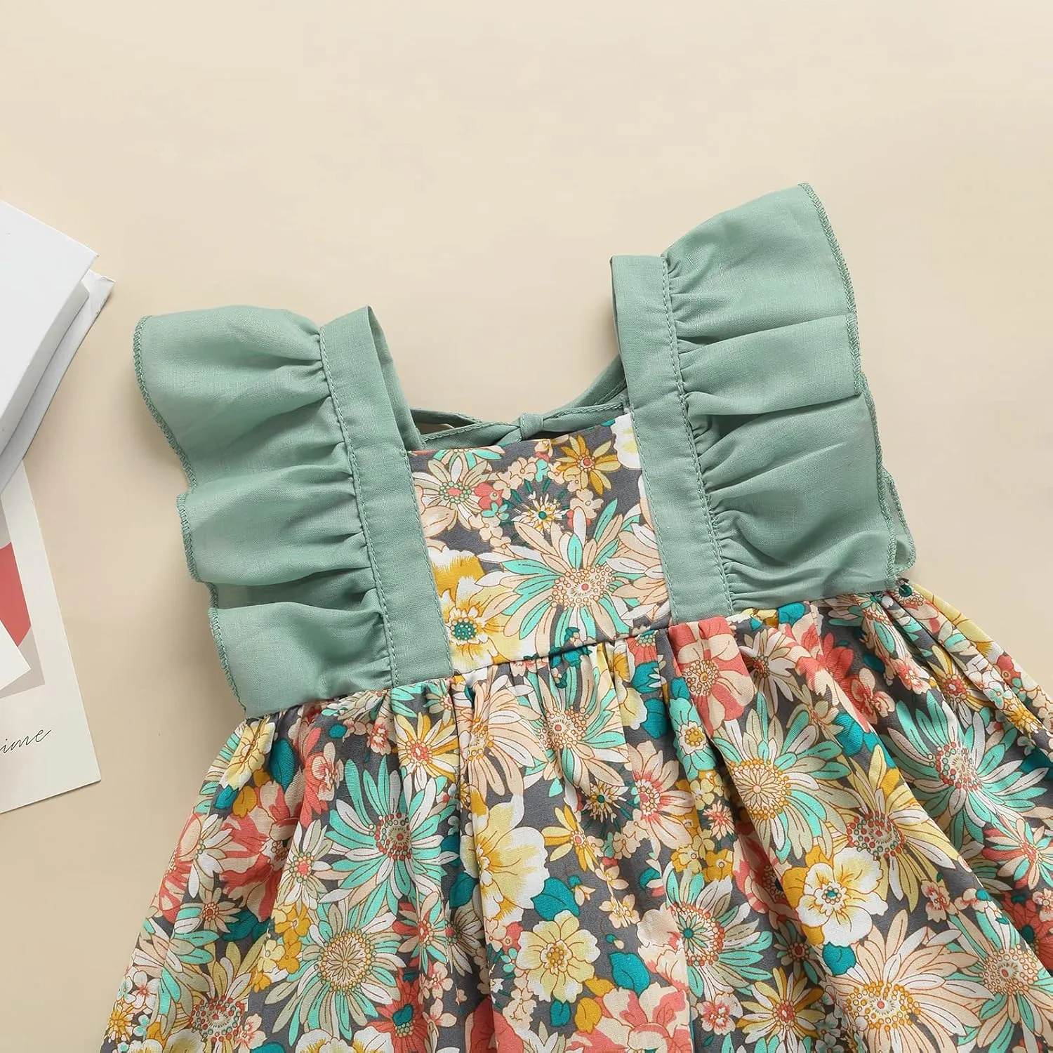 Toddler Girl Summer Dress Ruffle Sleeveless Patchwork Floral A-line Mini Dress with Sun Cap Set