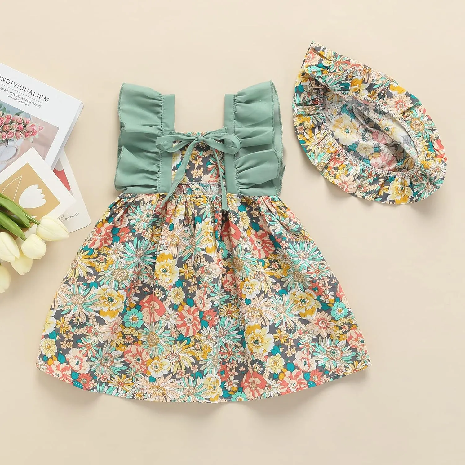 Toddler Girl Summer Dress Ruffle Sleeveless Patchwork Floral A-line Mini Dress with Sun Cap Set