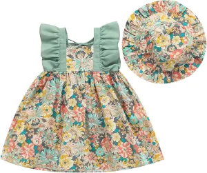 Toddler Girl Summer Dress Ruffle Sleeveless Patchwork Floral A-line Mini Dress with Sun Cap Set