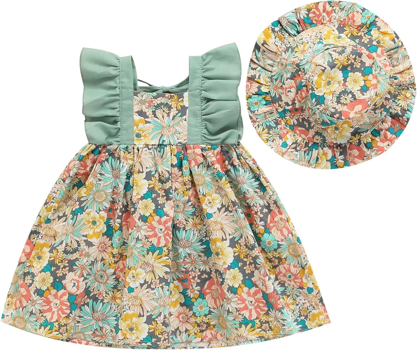 Toddler Girl Summer Dress Ruffle Sleeveless Patchwork Floral A-line Mini Dress with Sun Cap Set