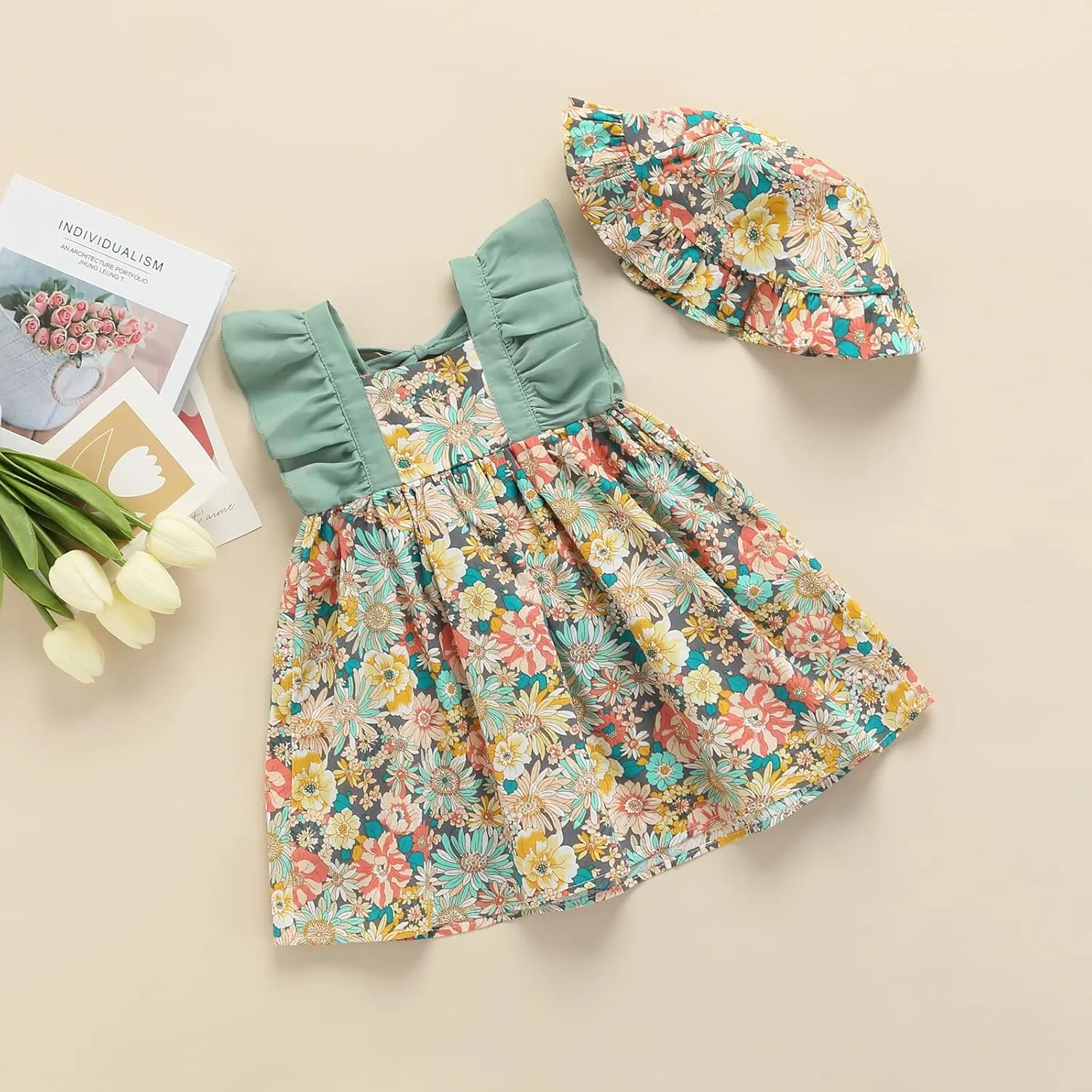 Toddler Girl Summer Dress Ruffle Sleeveless Patchwork Floral A-line Mini Dress with Sun Cap Set