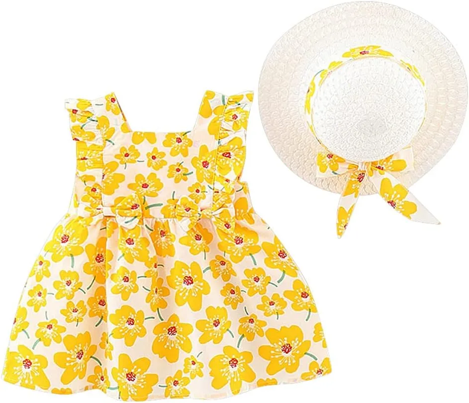 Toddler Girls Sleeveless Backless Tutu Dress with Sun Hat Baby Summer Outfits Sundress Princess Birthday Party Dress