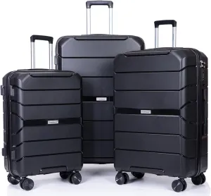 Travelhouse Luggage Sets TSA Double Spinner PP Suitcase Lightweight 3 Piece Set 20"/24"/28" (Black)
