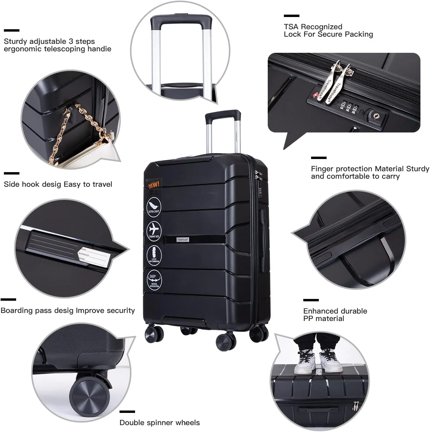 Travelhouse Luggage Sets TSA Double Spinner PP Suitcase Lightweight 3 Piece Set 20"/24"/28" (Black)