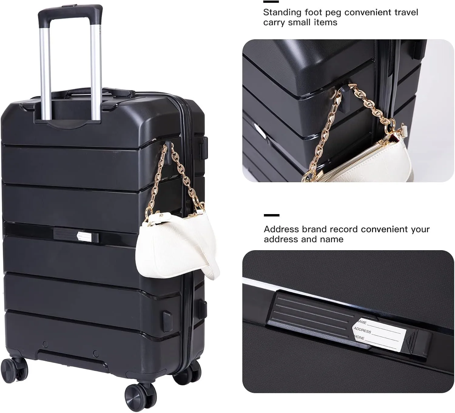 Travelhouse Luggage Sets TSA Double Spinner PP Suitcase Lightweight 3 Piece Set 20"/24"/28" (Black)