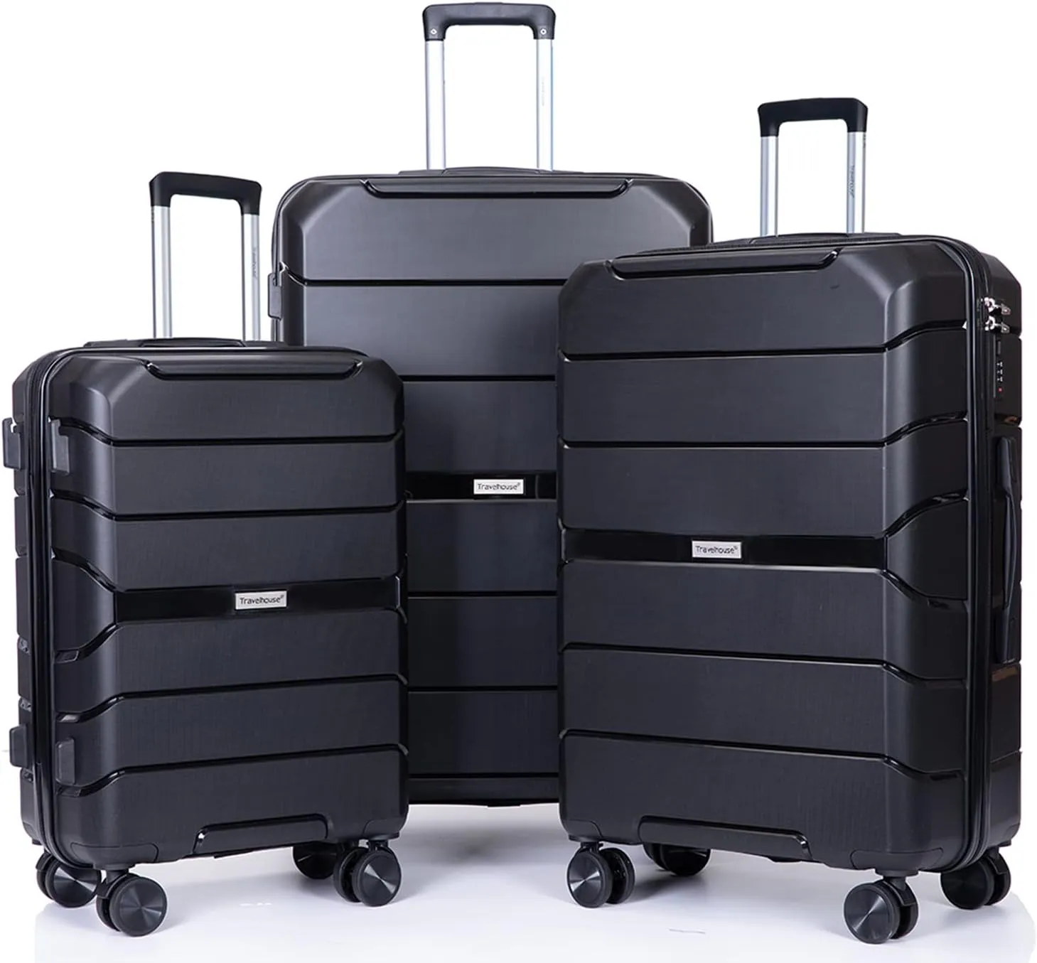 Travelhouse Luggage Sets TSA Double Spinner PP Suitcase Lightweight 3 Piece Set 20"/24"/28" (Black)