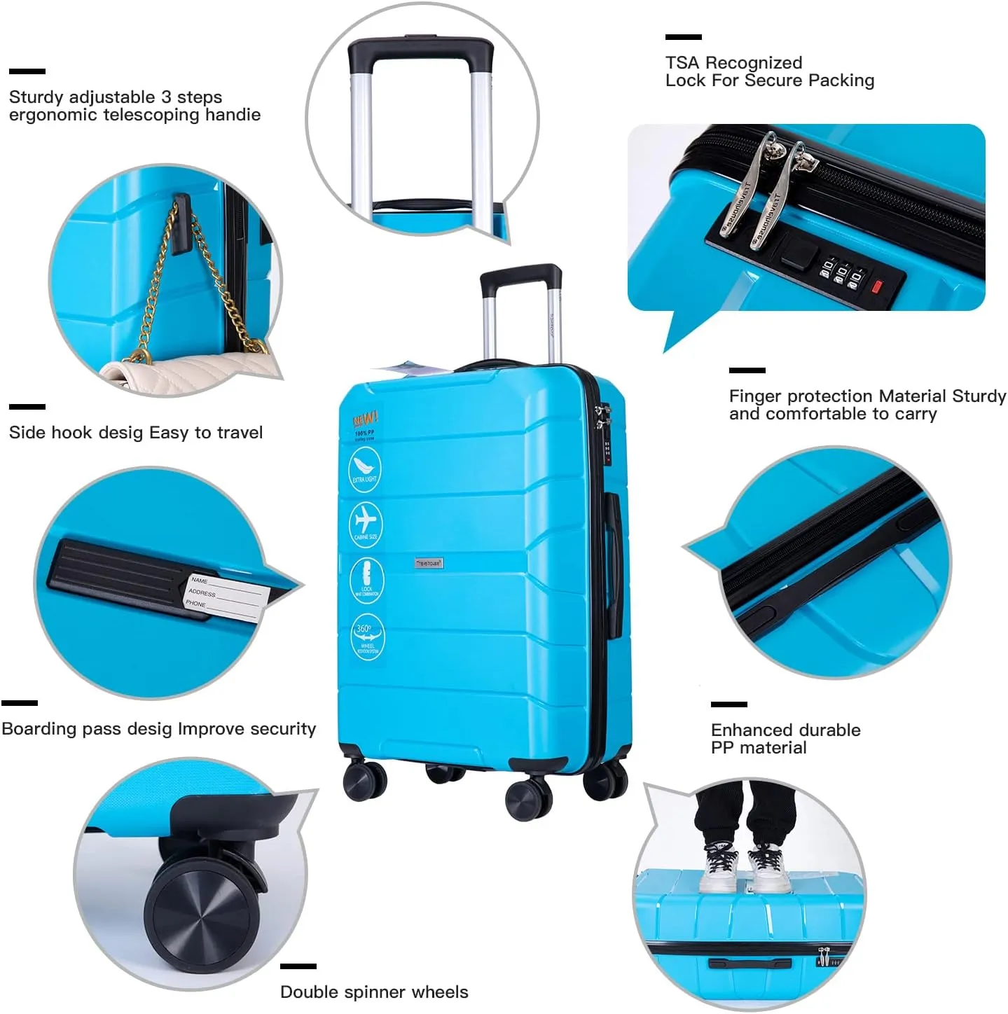 Travelhouse Luggage Sets TSA Double Spinner PP Suitcase Lightweight 3 Piece Set 20"/24"/28" (Light Blue)
