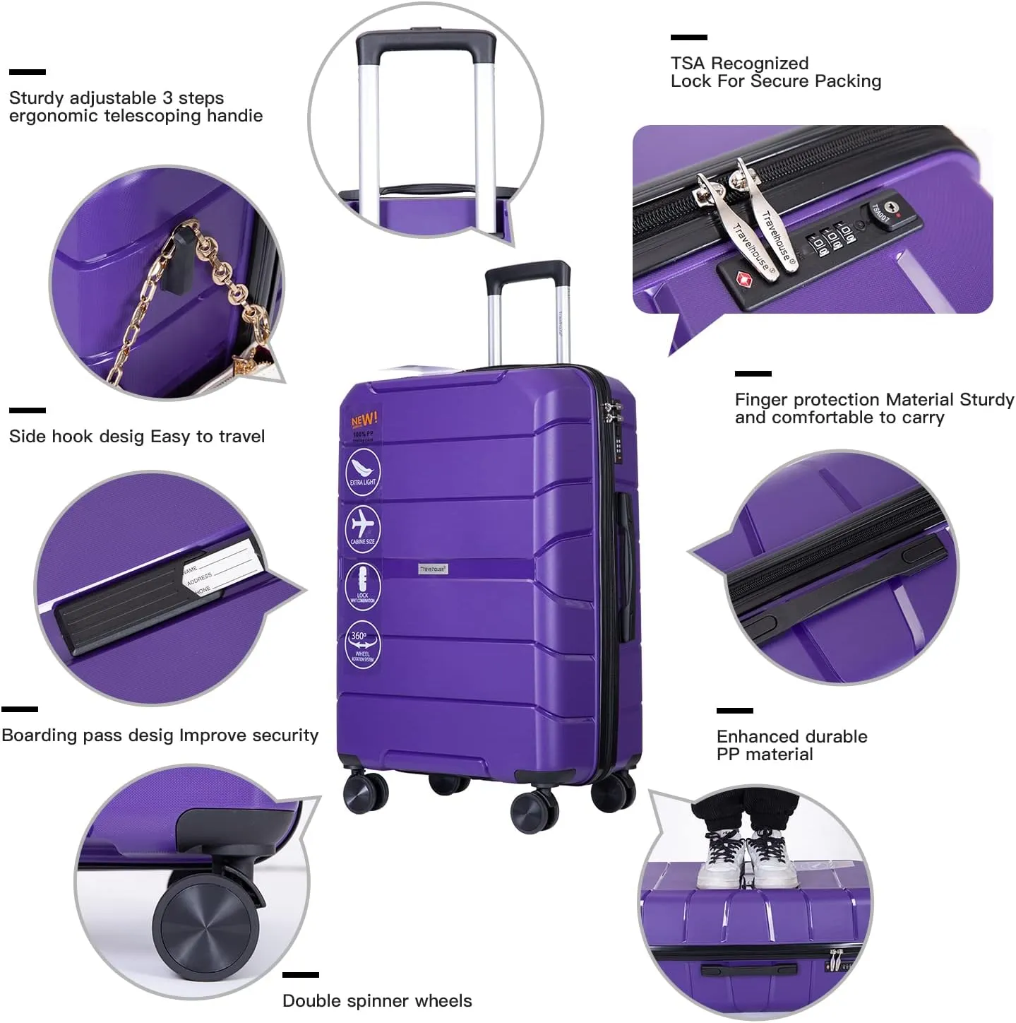 Travelhouse Luggage Sets TSA Double Spinner PP Suitcase Lightweight 3 Piece Set 20"/24"/28" (Purple)