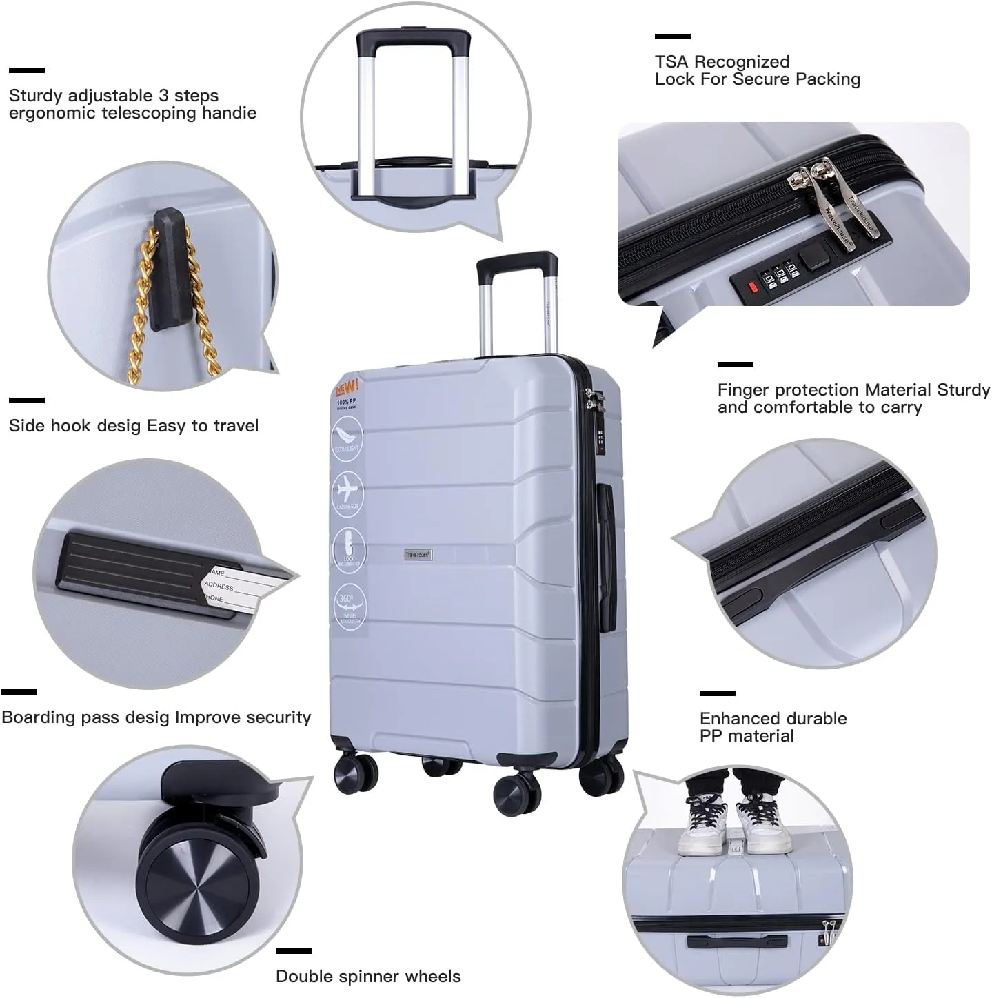 Travelhouse Luggage Sets TSA Double Spinner PP Suitcase Lightweight 3 Piece Set 20"/24"/28" (Silver)