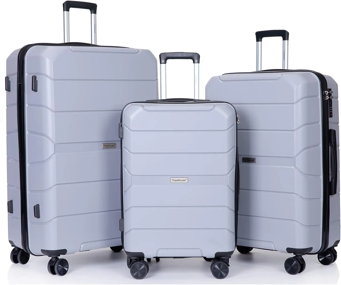 Travelhouse Luggage Sets TSA Double Spinner PP Suitcase Lightweight 3 Piece Set 20"/24"/28" (Silver)