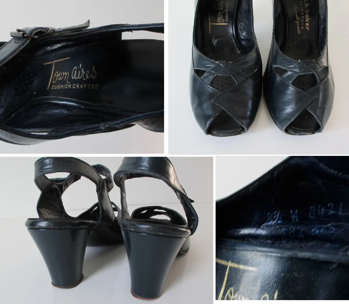 Vintage 40's Navy Blue Peep Toe Casual Day Heels Shoes 8.5 W
