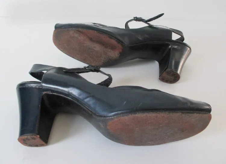 Vintage 40's Navy Blue Peep Toe Casual Day Heels Shoes 8.5 W