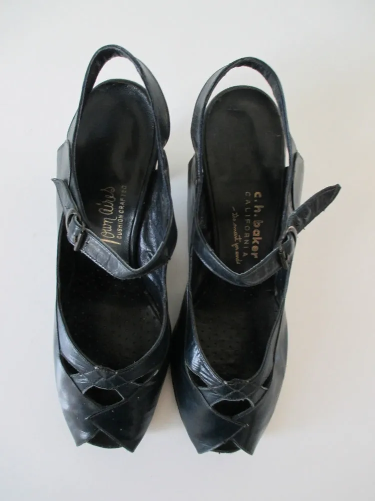 Vintage 40's Navy Blue Peep Toe Casual Day Heels Shoes 8.5 W