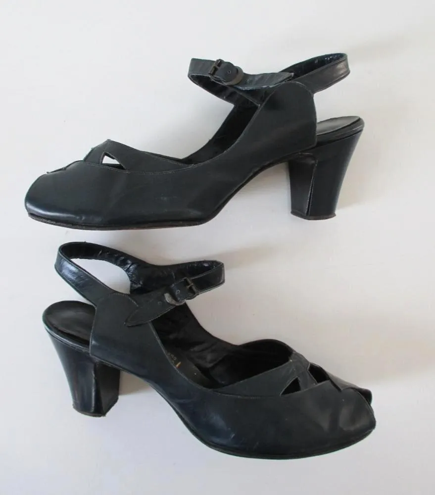 Vintage 40's Navy Blue Peep Toe Casual Day Heels Shoes 8.5 W