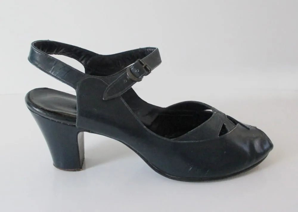 Vintage 40's Navy Blue Peep Toe Casual Day Heels Shoes 8.5 W
