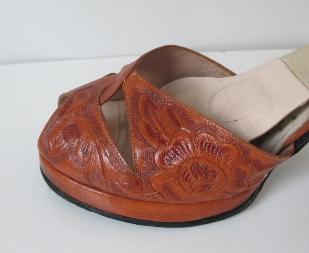 Vintage 40's Tooled Leather Platform Custom Springolator Heels Shoes 8