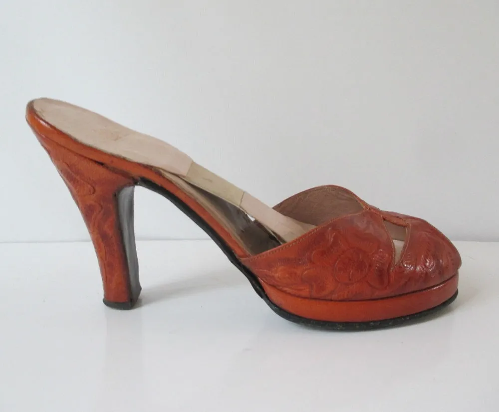 Vintage 40's Tooled Leather Platform Custom Springolator Heels Shoes 8