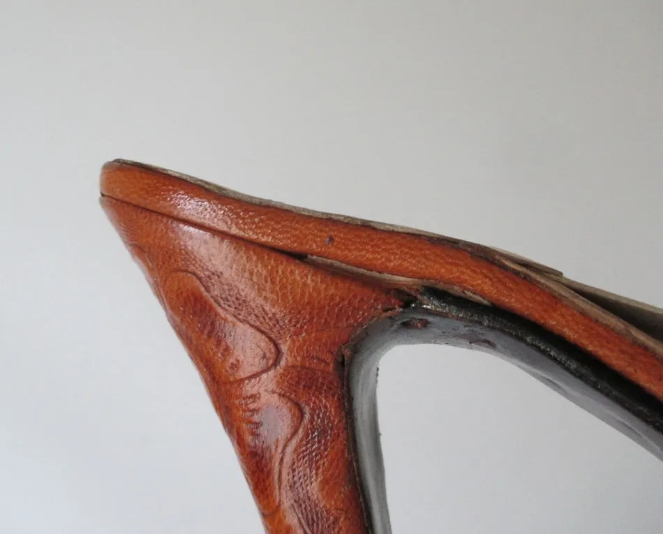 Vintage 40's Tooled Leather Platform Custom Springolator Heels Shoes 8