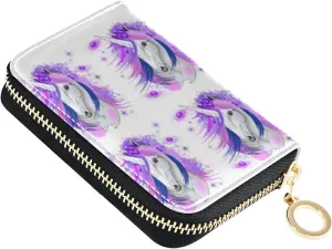 White Unicorn Pink and Purple Style on WhiteGrey Credit Card Coin wallet, RFID Blocking Compact Women Leather Card Holder, Key Change Organizer, Zipper Purse Clutch Pouch