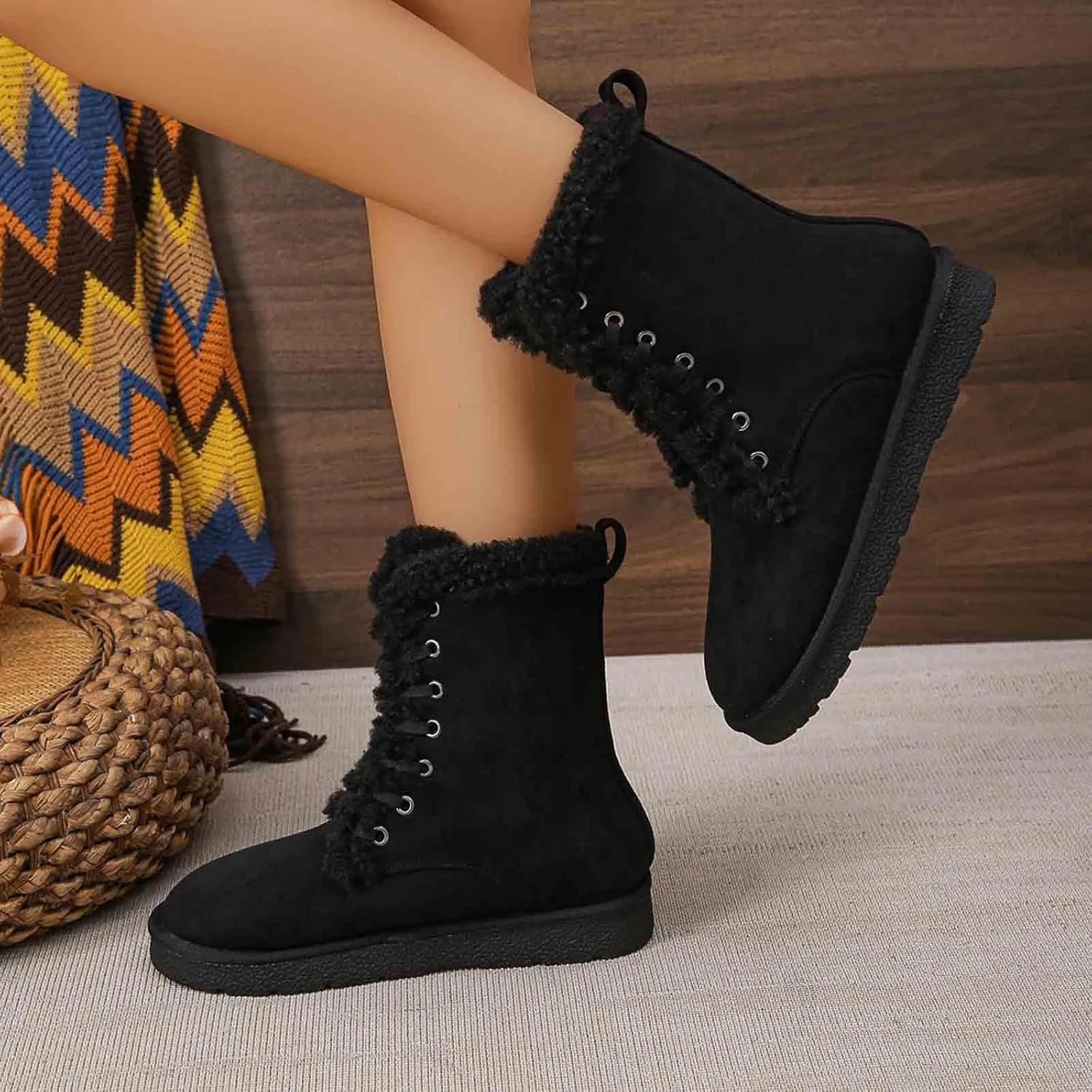 Winter Snow Boots for Women Warm Fur Lined Ankle Booties Lace Up Slip on Flat Cotton Shoes Outdoor Walking Boots